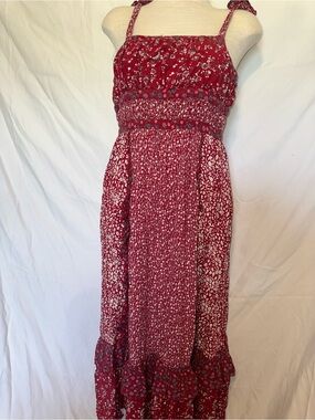 Free People Red Floral Smocked Maxi Dress with Tie Straps